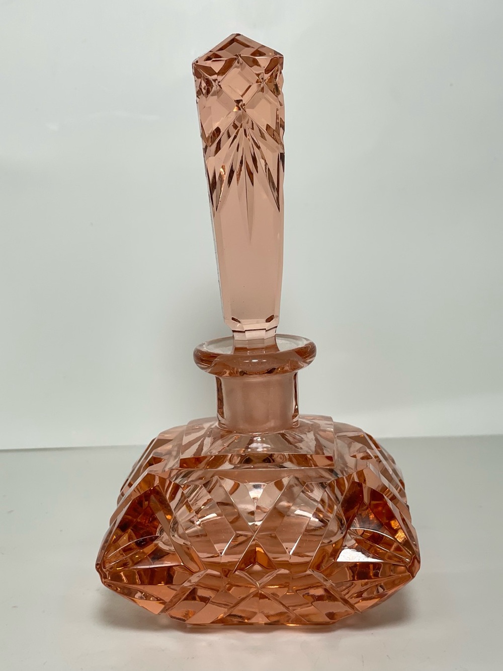 Bohemian Czech Cut Art Deco Glass Perfume Bottle Pink With Stopper 5”